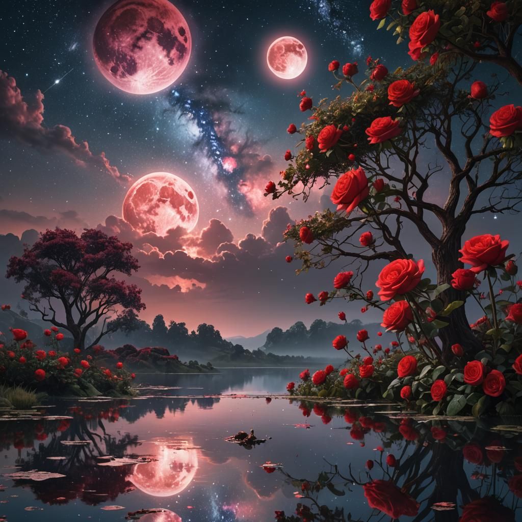 Red Old English roses, Milky Way galaxy, full moon, reflecti...