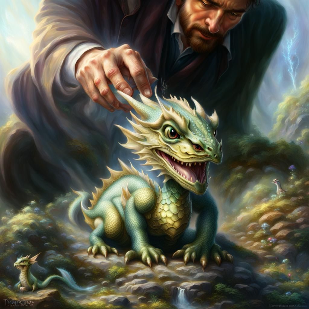 A man petting his cute baby dragon.