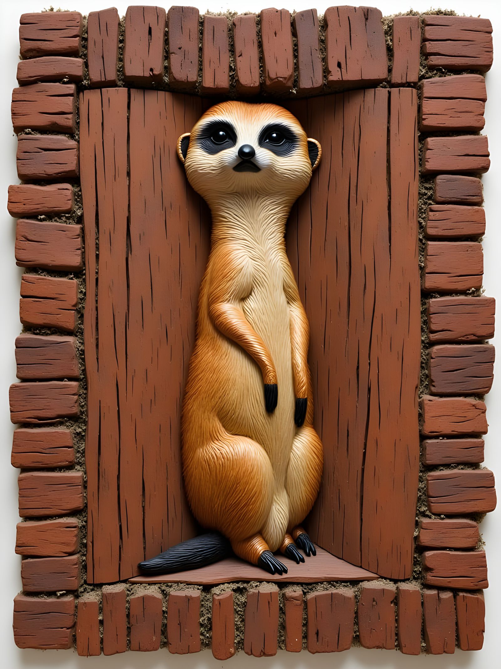Meerkat, wood, brick, arts and crafts, texture, mixed media, <lora:Texture Craft:1.0> 