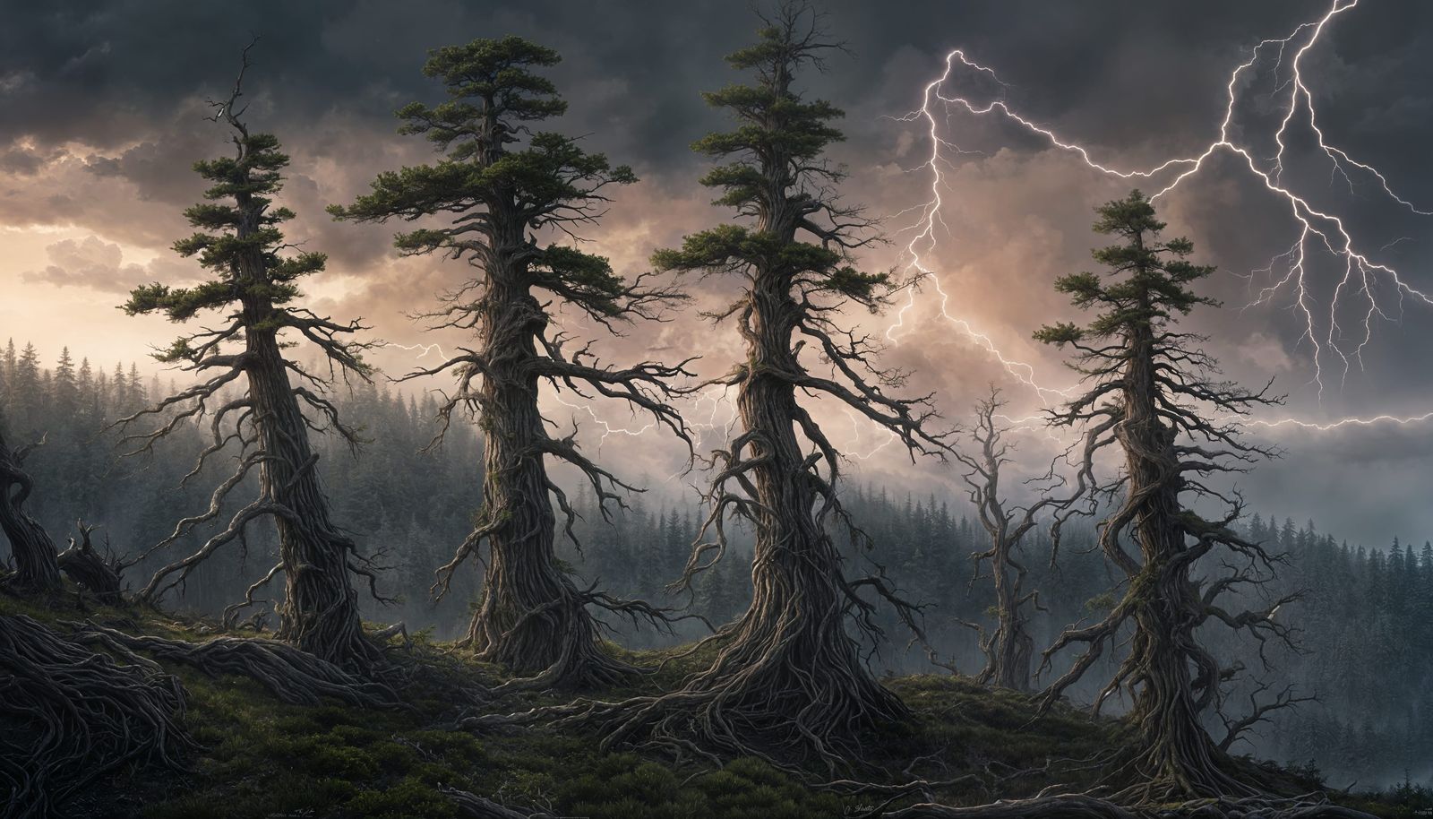 A row of dead pine trees stand tall on the crest of a high h...