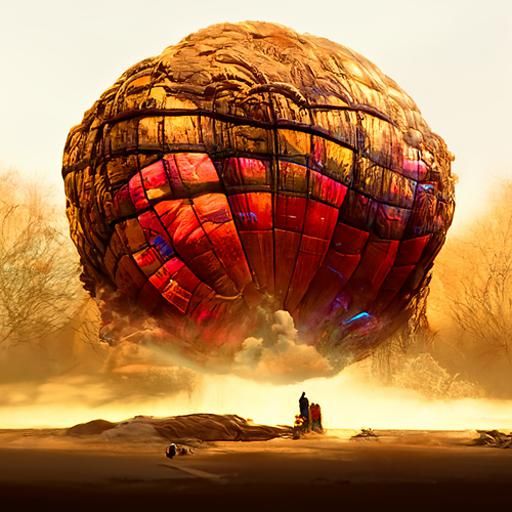 rusty brown glowing Beksinski hot air balloon in flight made...