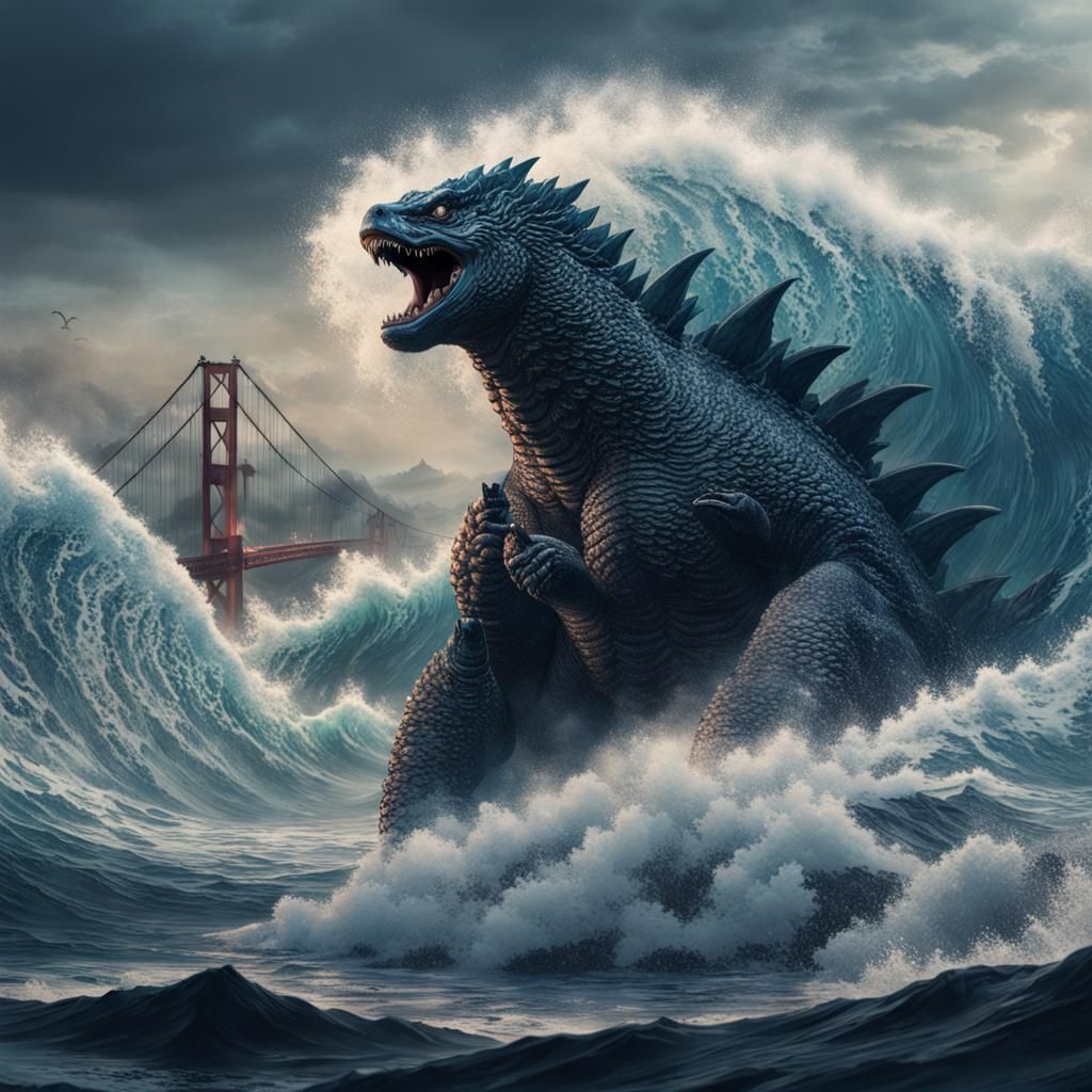 Under the Wave off Kanagawa With Godzilla in the water - AI Generated ...