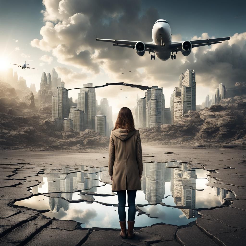 a person standing in front of a puddle of water, in a flying...