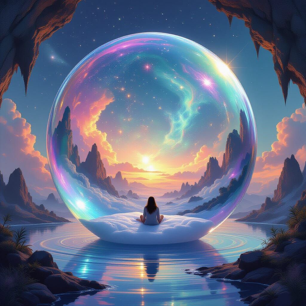 
 Dreamer floating inside a giant soap bubble reflecting other worlds, surreal hyperrealism