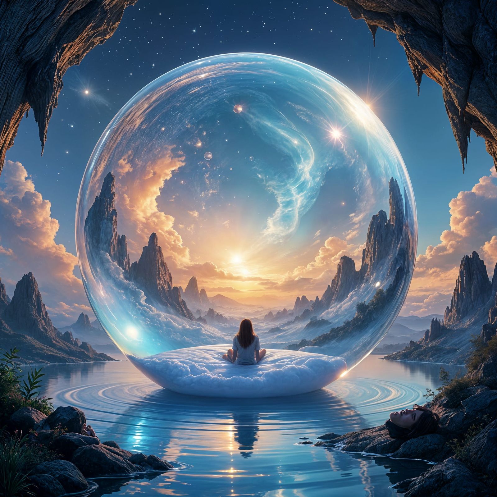 
 Dreamer floating inside a giant soap bubble reflecting other worlds, surreal hyperrealism  by @Chirp