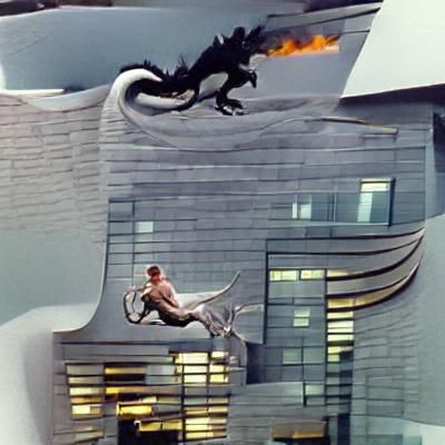 james bond riding a dragon, while he is jumping off a buildi...