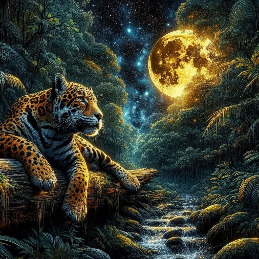 Jaguar in the Moonlight  by @Dryheat
