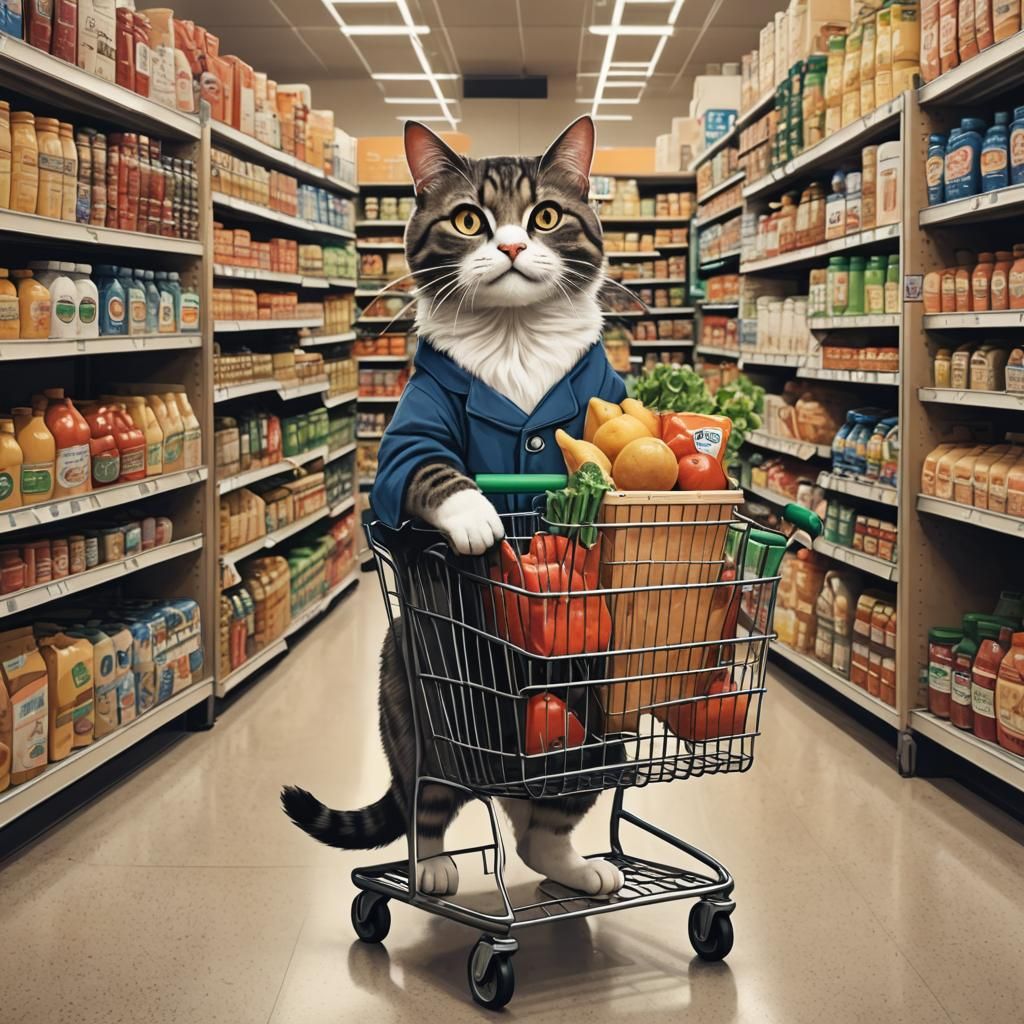 Anthropomorphic cat grocery shopping with a cart.