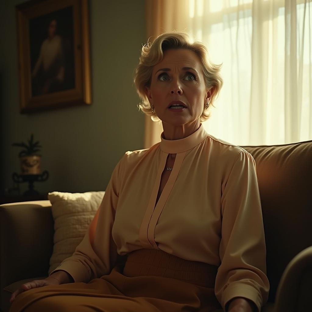 Stunned Woman Interrupted by Whispery Voice in Living Room