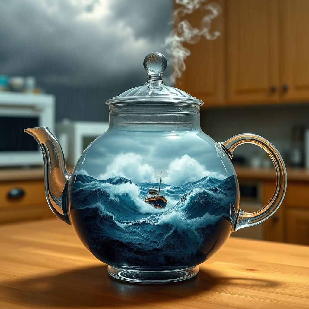A large glass teapot sits on a table in the kitchen. Inside the teapot is a raging storm in the ocean. ...  by @Chippy