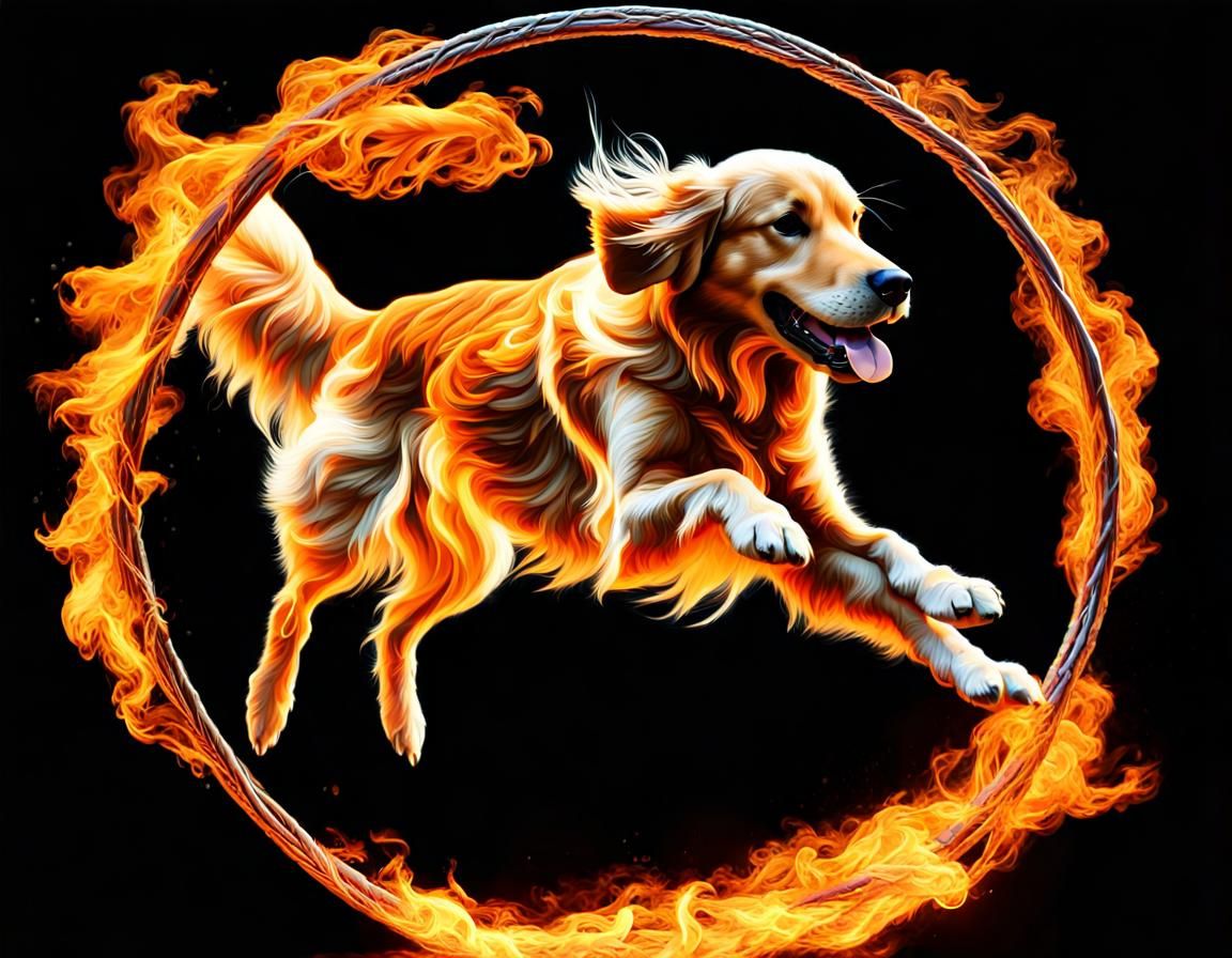 Golden Retriever dog jumping through a flaming hoop at a dog show