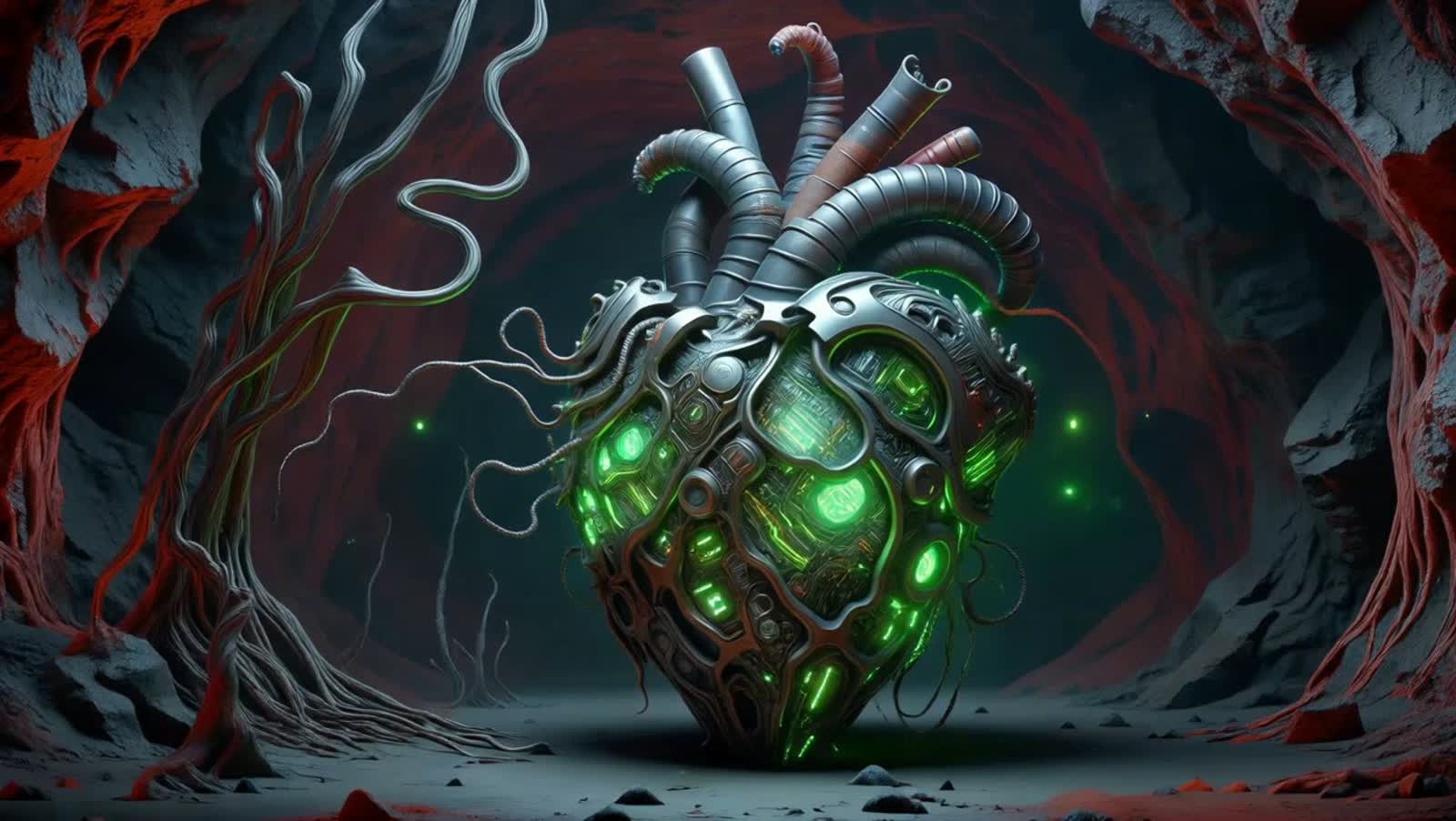 Biomechanical Heart Pulsates within a Cavernous, Alien Landscape.