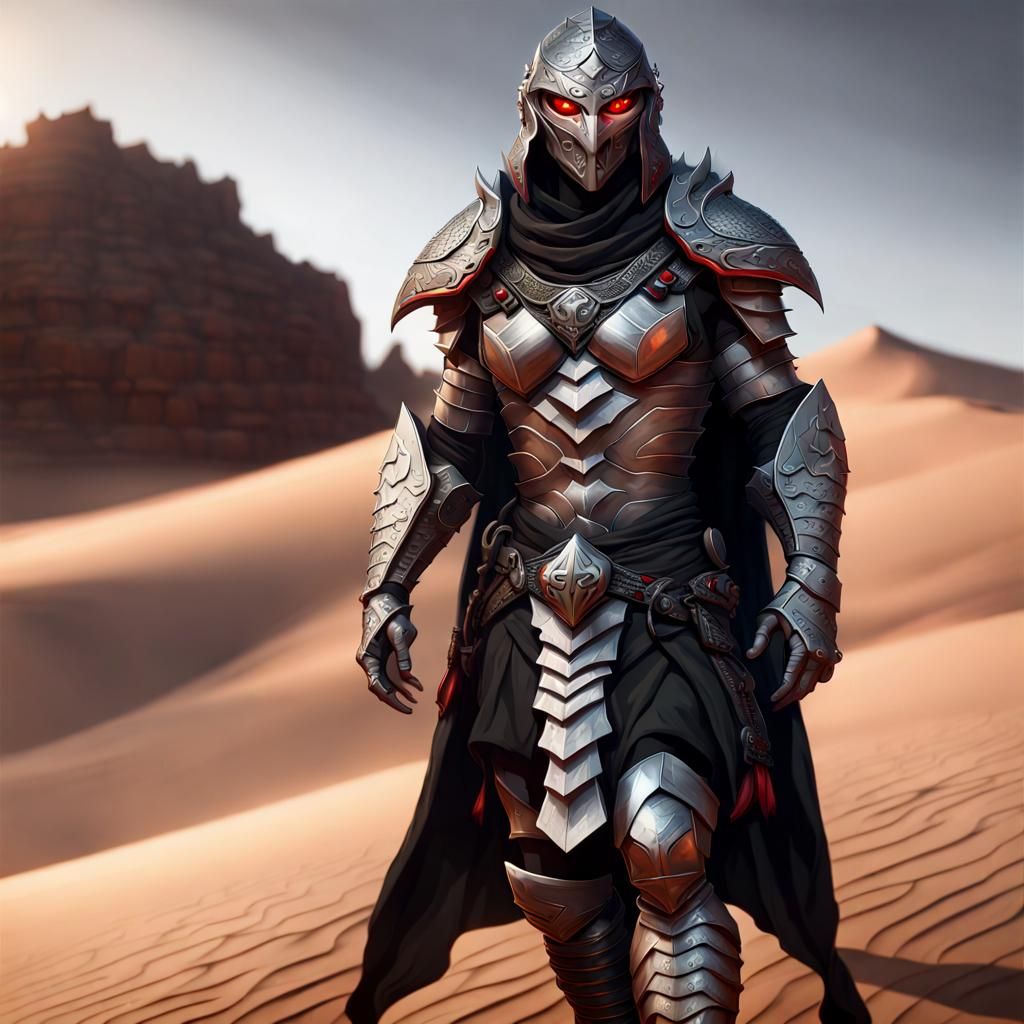 Muscular, heroic, dark silver and black armour, snake helmet, red eyes ...