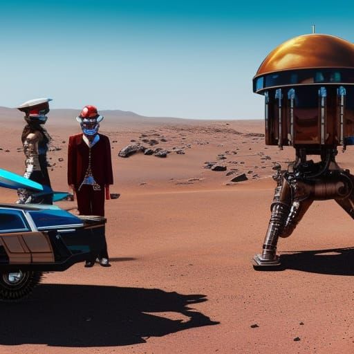 Gas station on Mars with steampunk cyborg attending spaceshi...