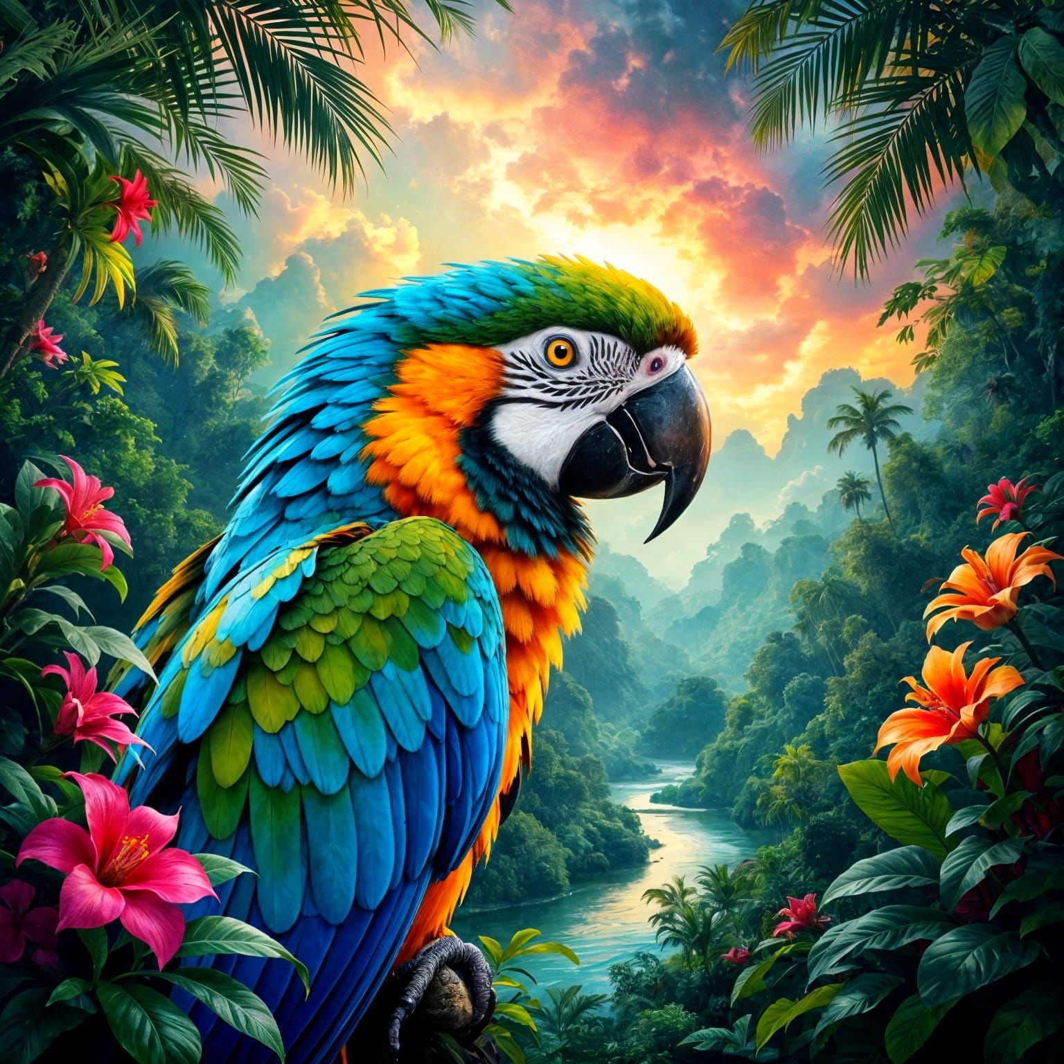 A vibrant macaw in profile seamlessly blended with a lush tropical rainforest. The parrot’s feat...  by @Hugo Raul