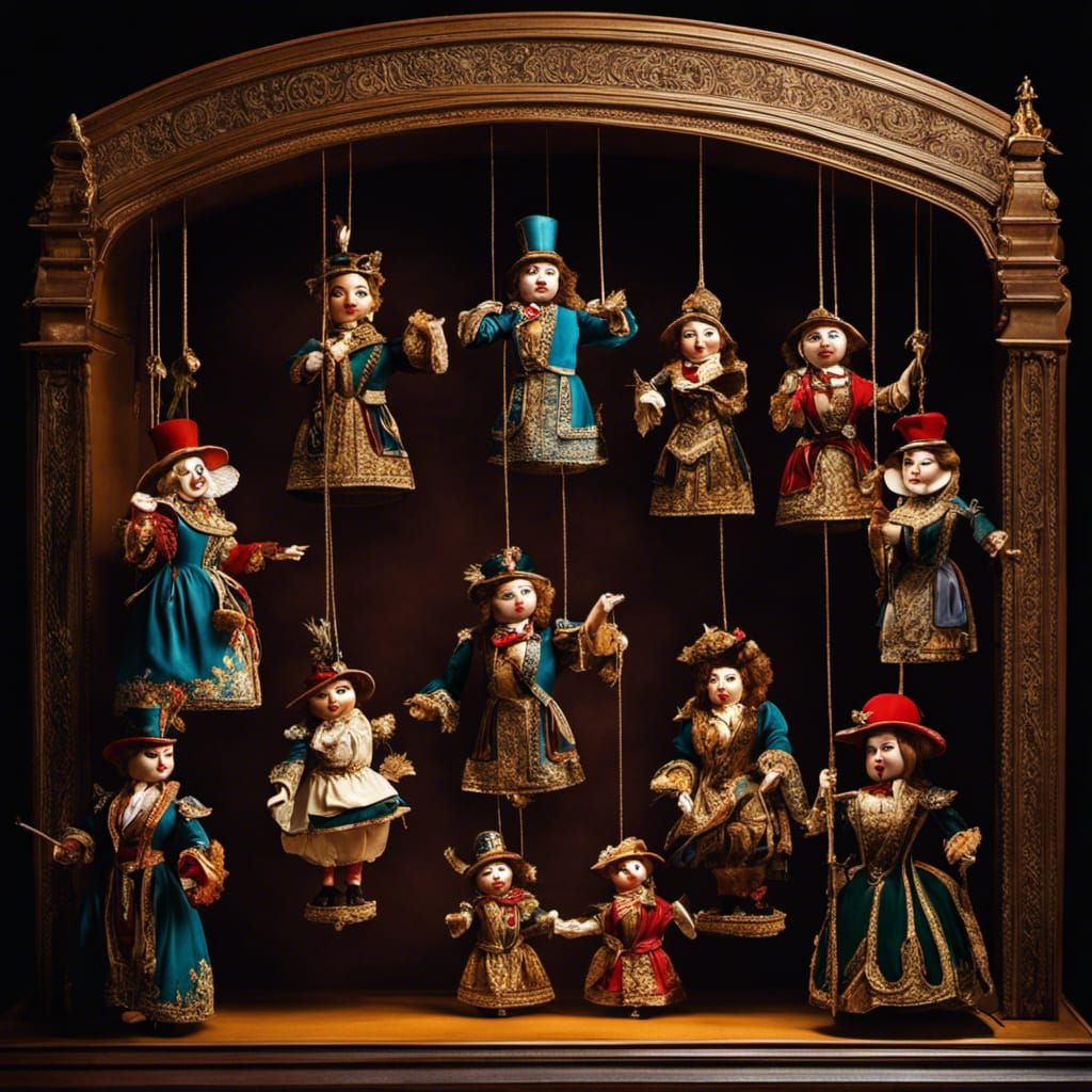 Olde times puppets from many centuries ago,  Marionette string Puppet style, strings, stage, intricate ...  by @Maui kinepela