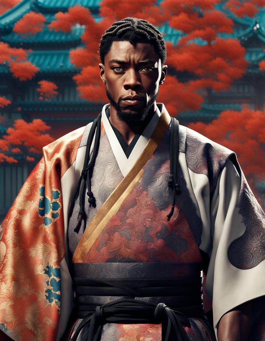 Chadwick Boseman, T'Challa, Black Panther dressed as a Medieval Japanese daimyo samurai in Japan, action scene, Marvel S...