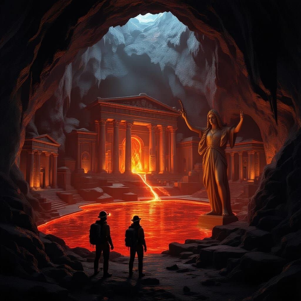 a lost Greek city found buried underground in a cave system that leads to a magma pool of an inactive volcano. Two archeologists find the ci...