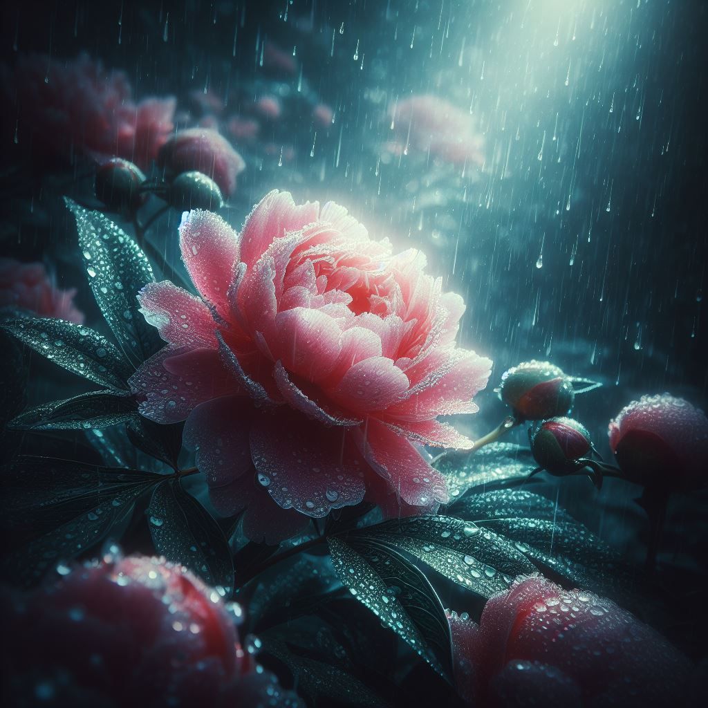 Peony in the rain