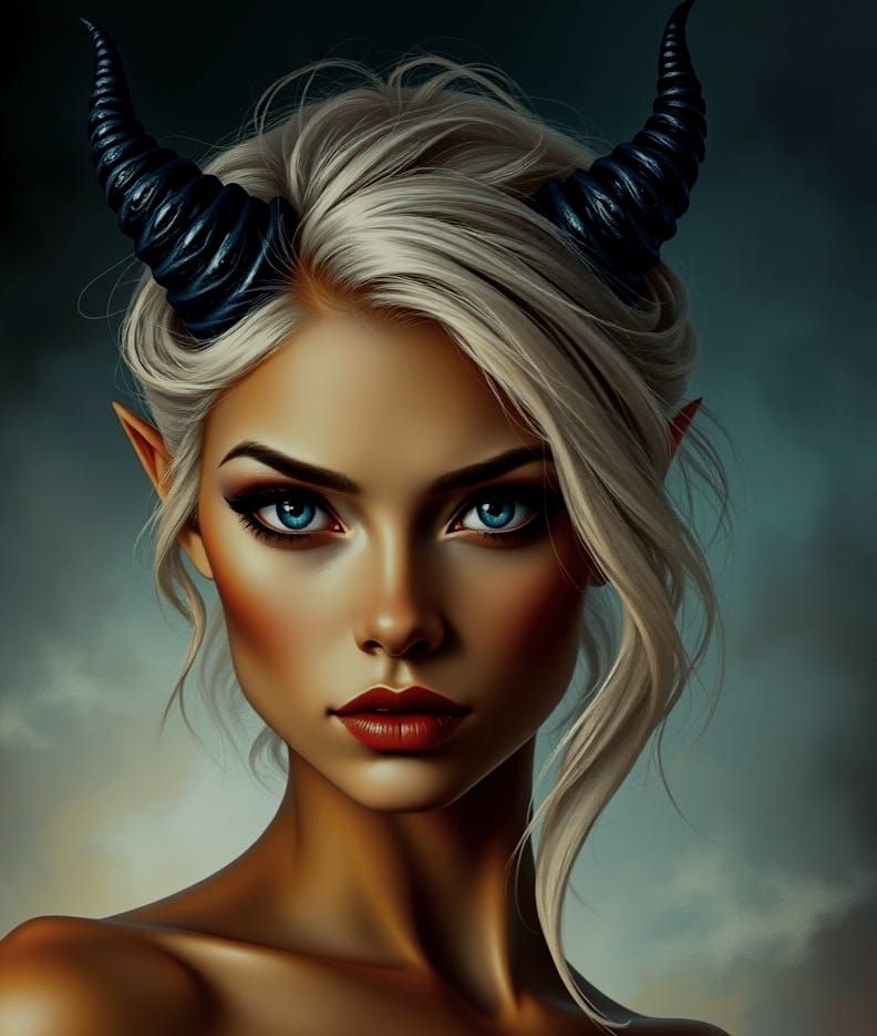 A blond female demon with short black horns
