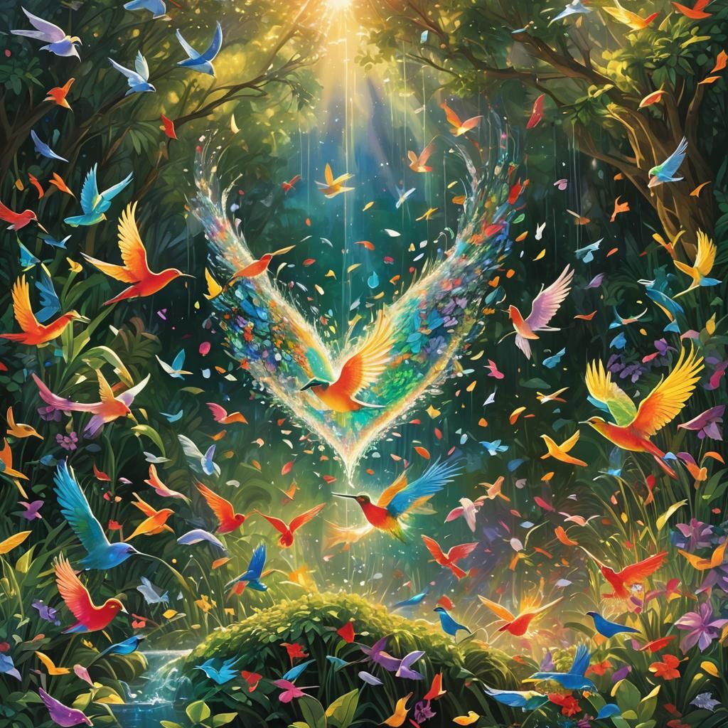 A massive waterfall flowing from my heart and colorful birds are flying through the mist Unreal Engine photorealism hype...