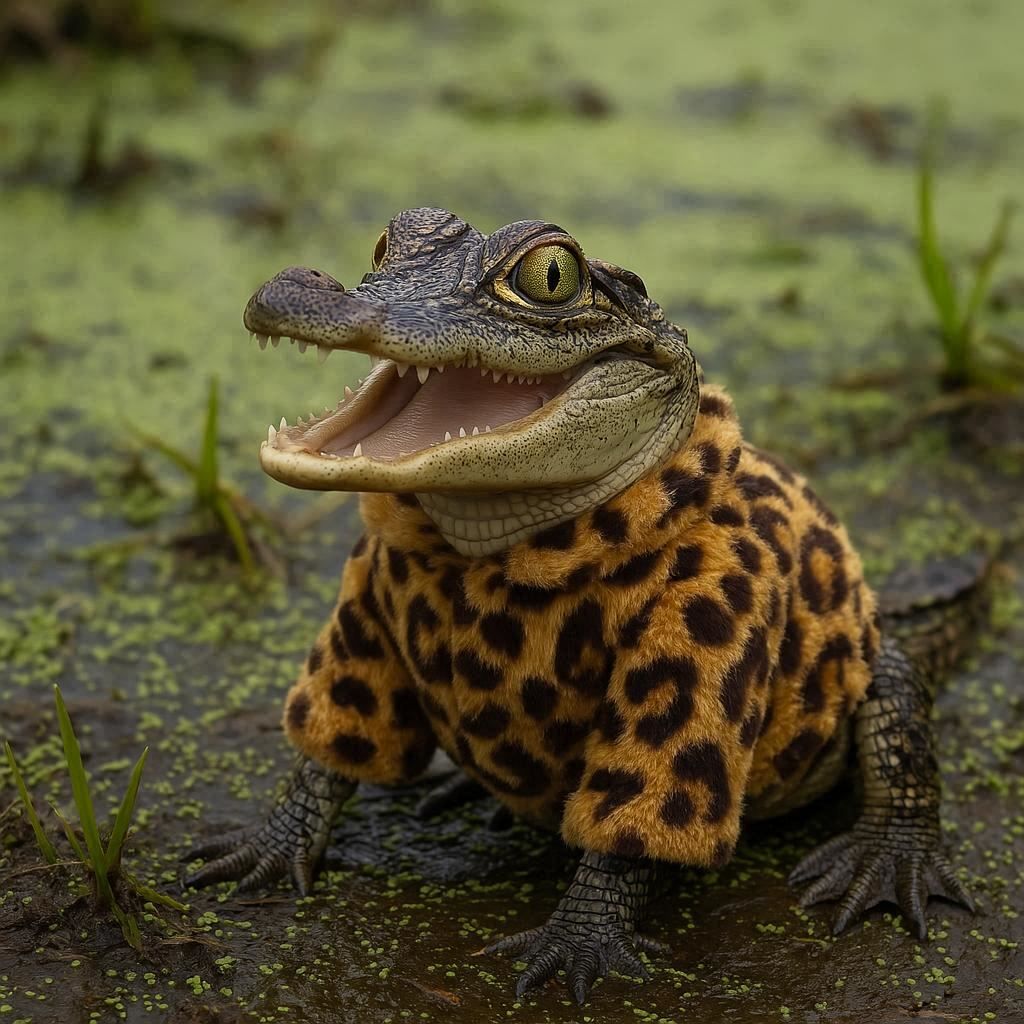 Crocodile in leopard fur coat