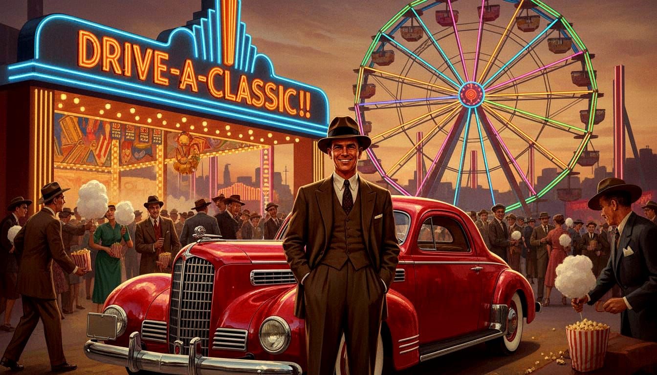 A man getting ready to try the “Drive-A-Classic” ride at the county fair!