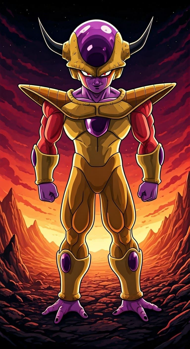 Frieza, the galactic tyrant, stands tall with an air of malevolent confidence, his piercing gaze gleaming ...  by @Kozluv