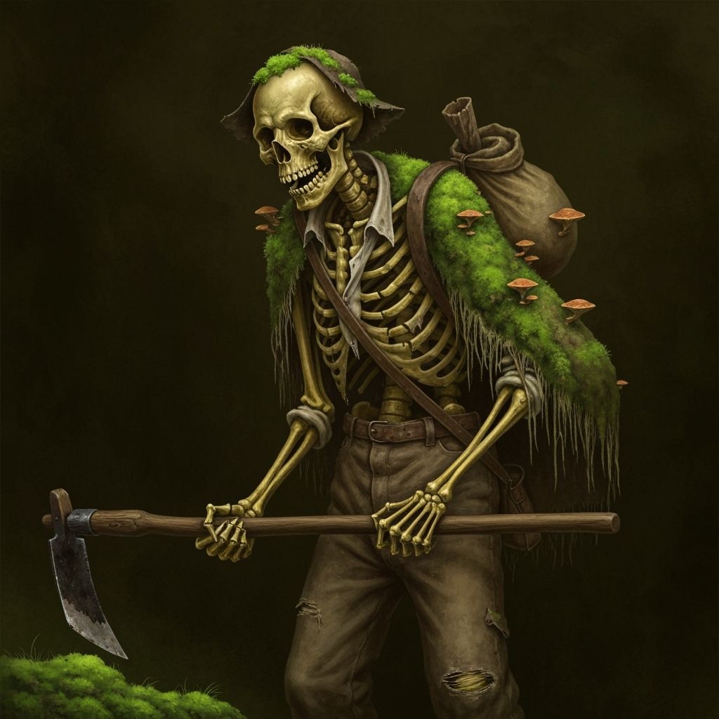 A farmer's skeleton, its bones rotten and yellowed, its surface covered with moss and a delicate coating of earth. His hands are rough, and ...