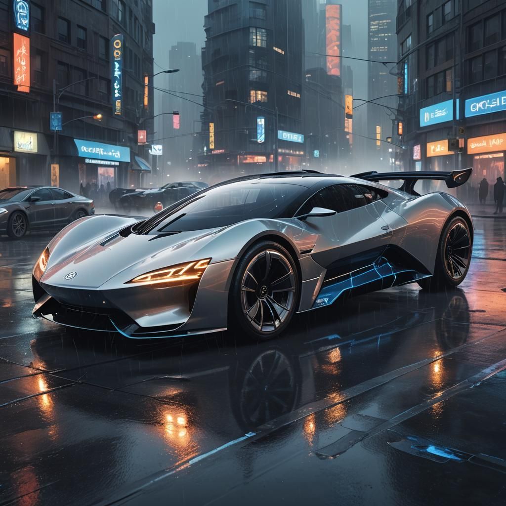 Electric Vehicle Races Through Neon Cityscape