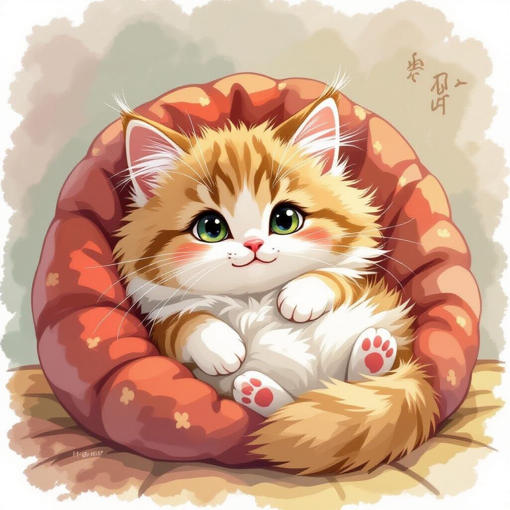 Adorable Fluffy Cat in Watercolor Style