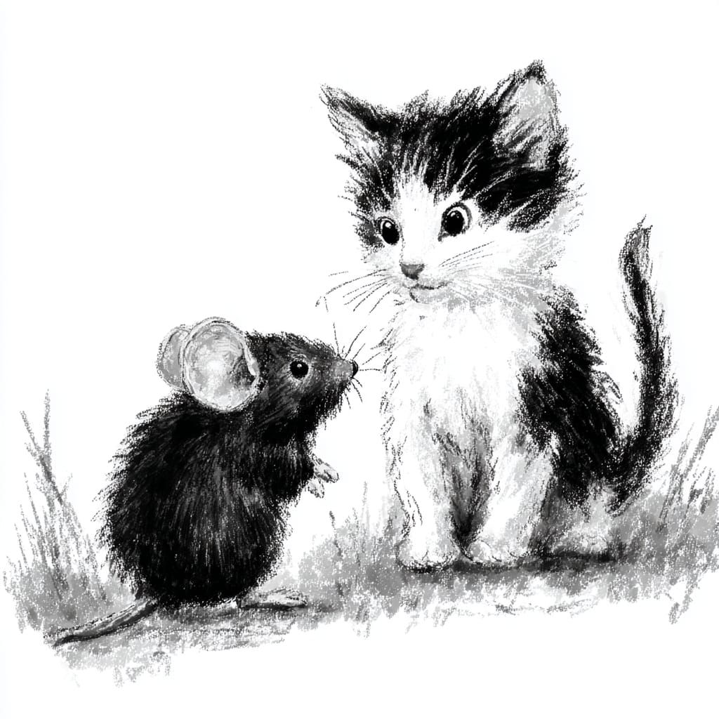 Shy Mouse and Kitten
