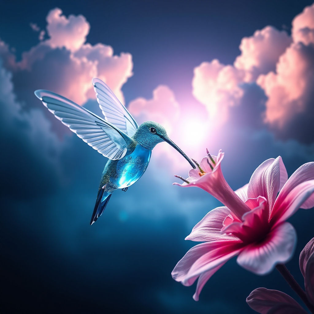 Blue and Gold Scene :: Hummingbird made of glass drinking from a flower