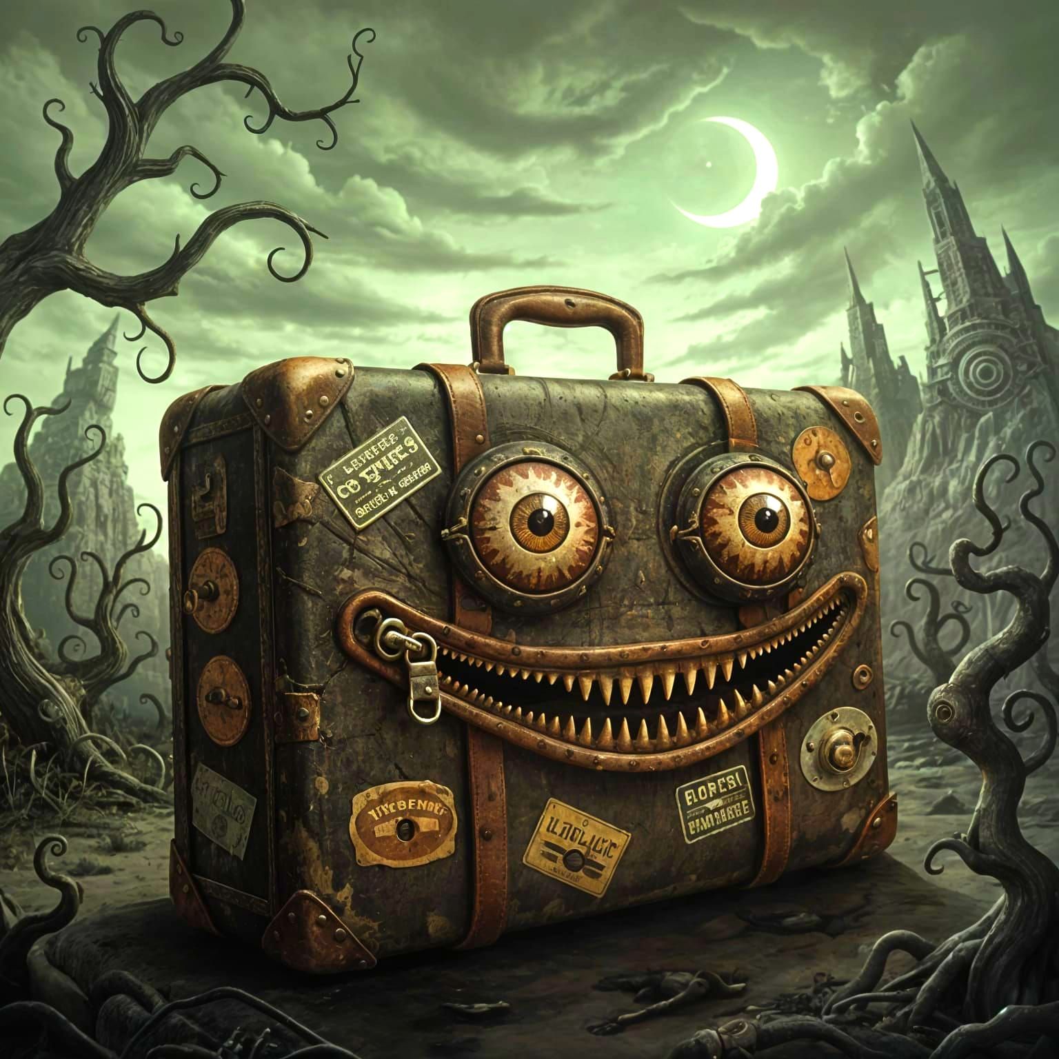 A vintage suitcase with bulging leather eyes. Its rusty zipper stretches into a smile. Stickers form ...  by @KomBib