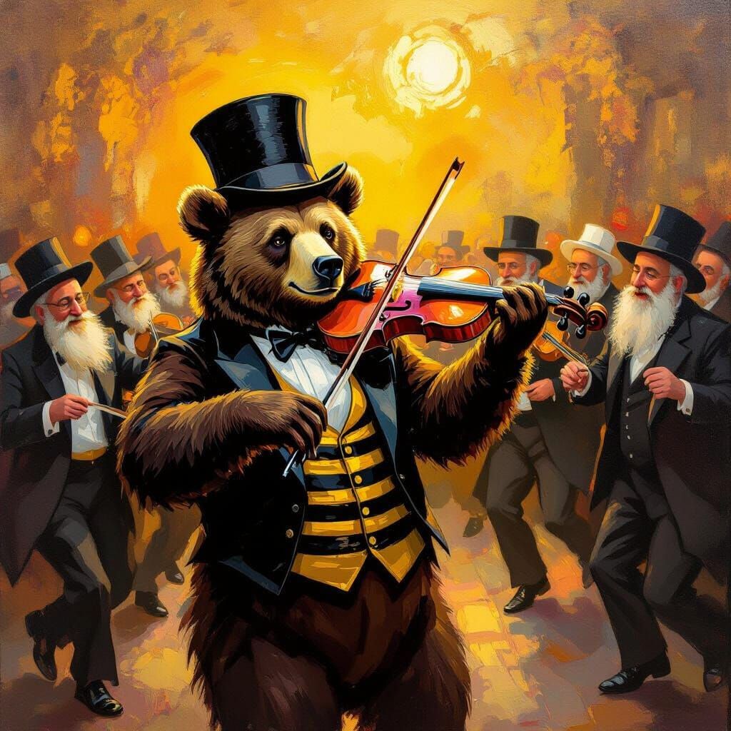 Dancing Bear with Hasidic Men in Whimsical Oil Painting Styl...