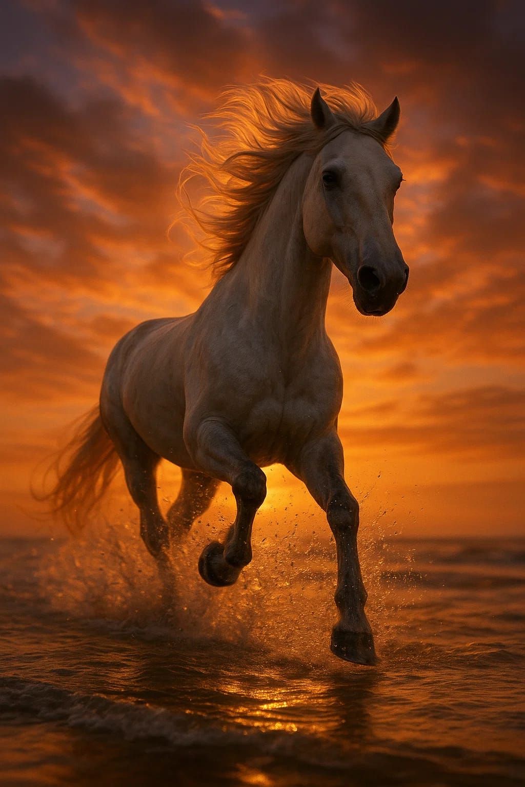 A horse gallops in the water