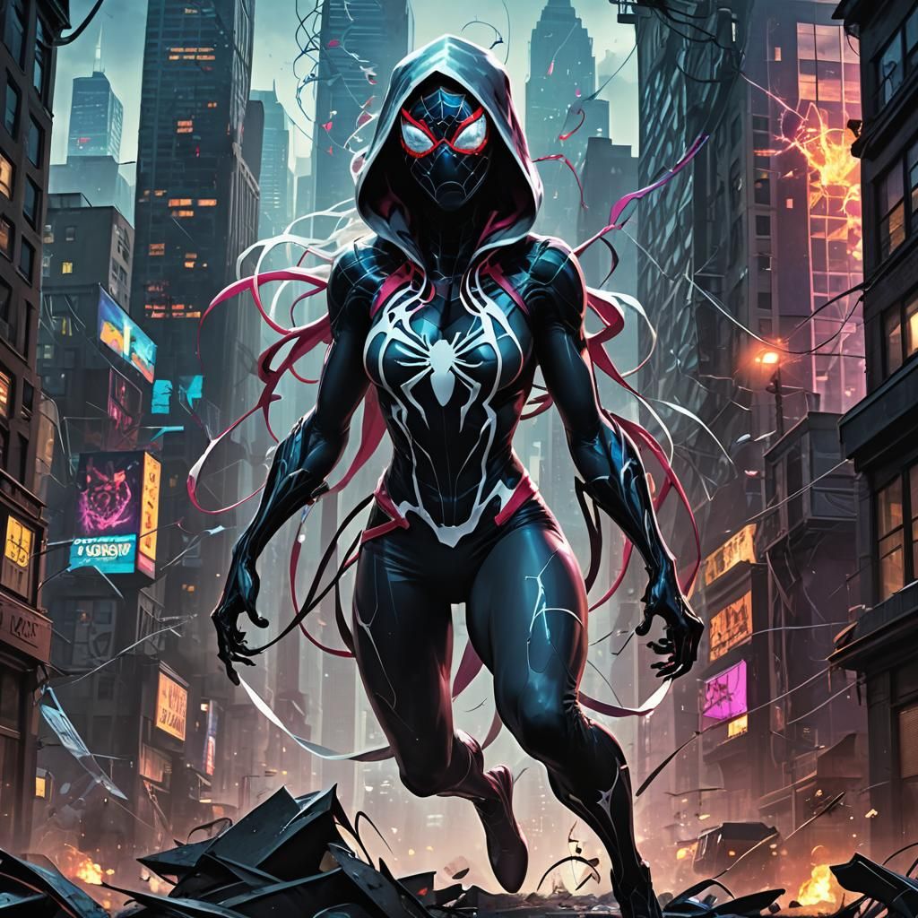 Spider Gwen Venom Symbiote, hood up, mask on, as a colossal ...