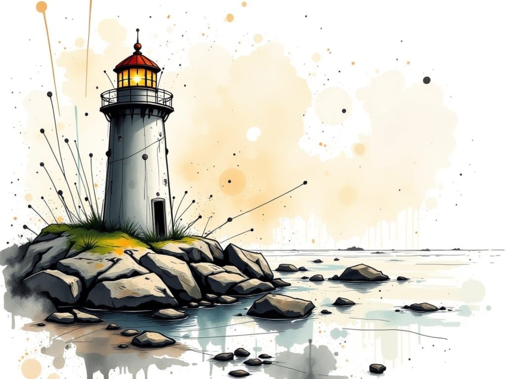 Lighthouse on a rocky shore 

<lora:Chaotic and Sporadic:1.0> jagged ink strokes, fragmented line work, splashes of watercolour, Incorporate...