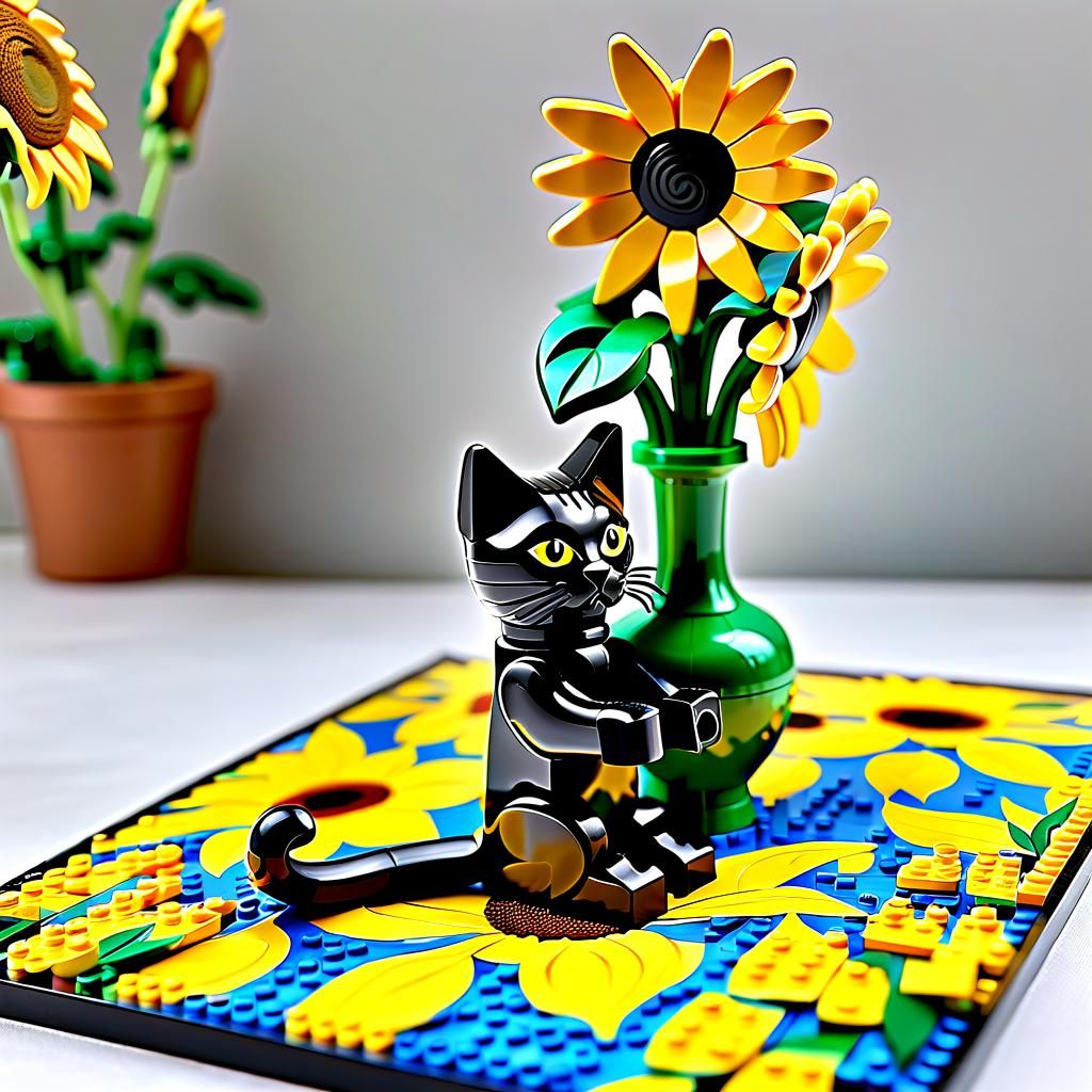 Whimsical Black Cat Overturns Van Gogh's Sunflowers in Lego....