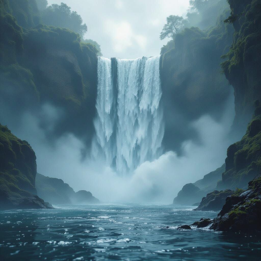 View from below under the waterfall — camera as if in water, you can see how the water jets fall around, the feeling of absorption, dynamics...