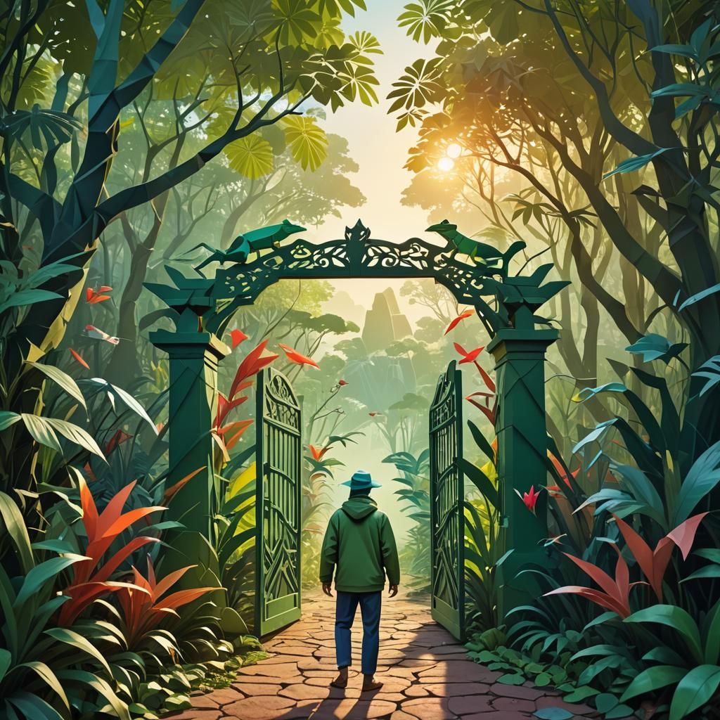 A man stands in front of a large gate in the jungle. A frog ...