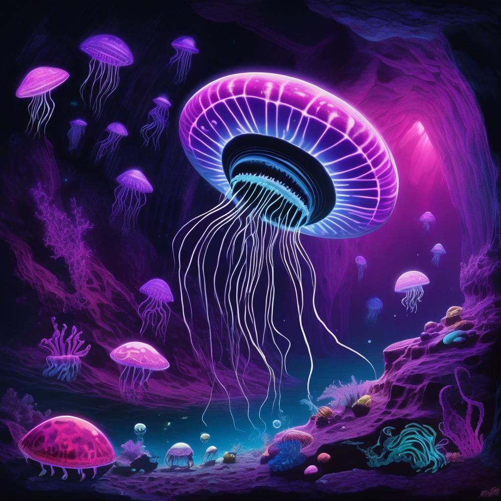 Otherworldly alien exoplanet, neon_blacklight/ dark_deep-sea...