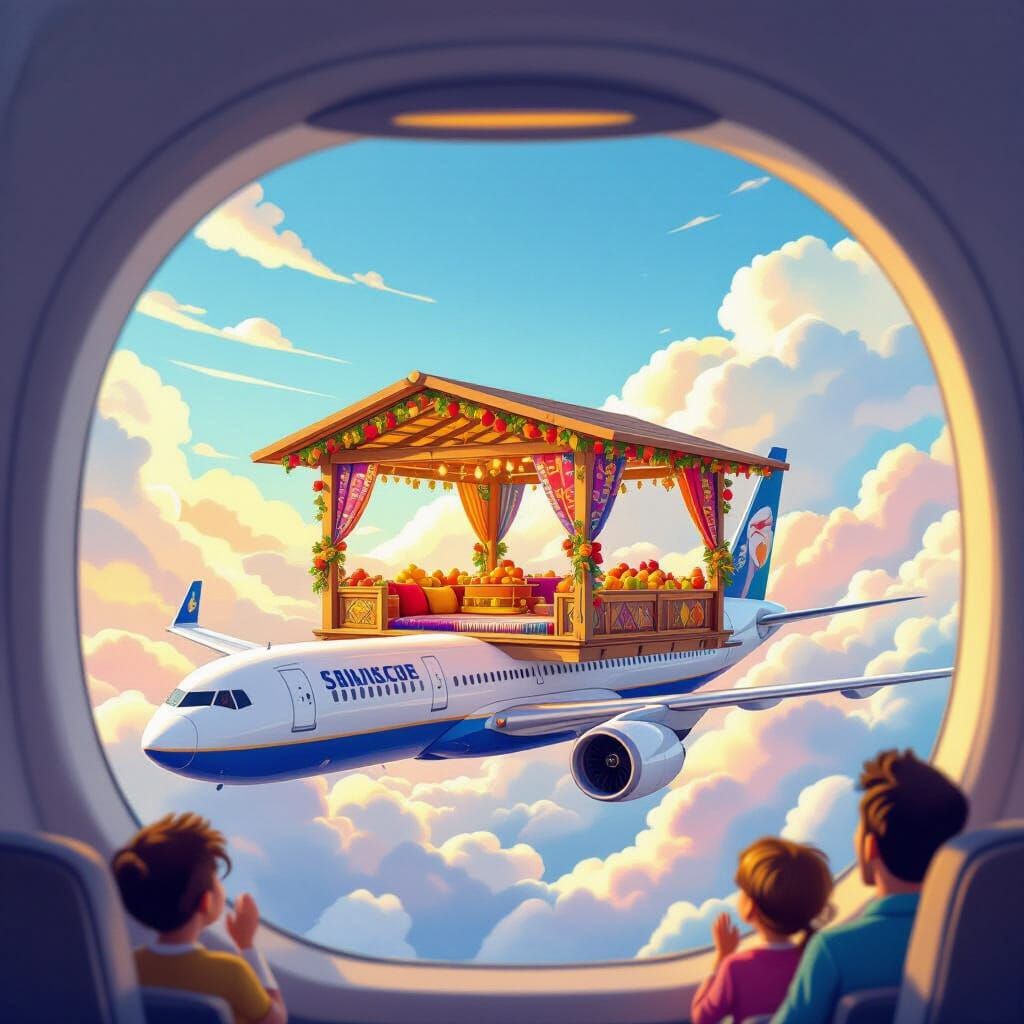 Ornately Decorated Sukkah Inside Flying Airplane