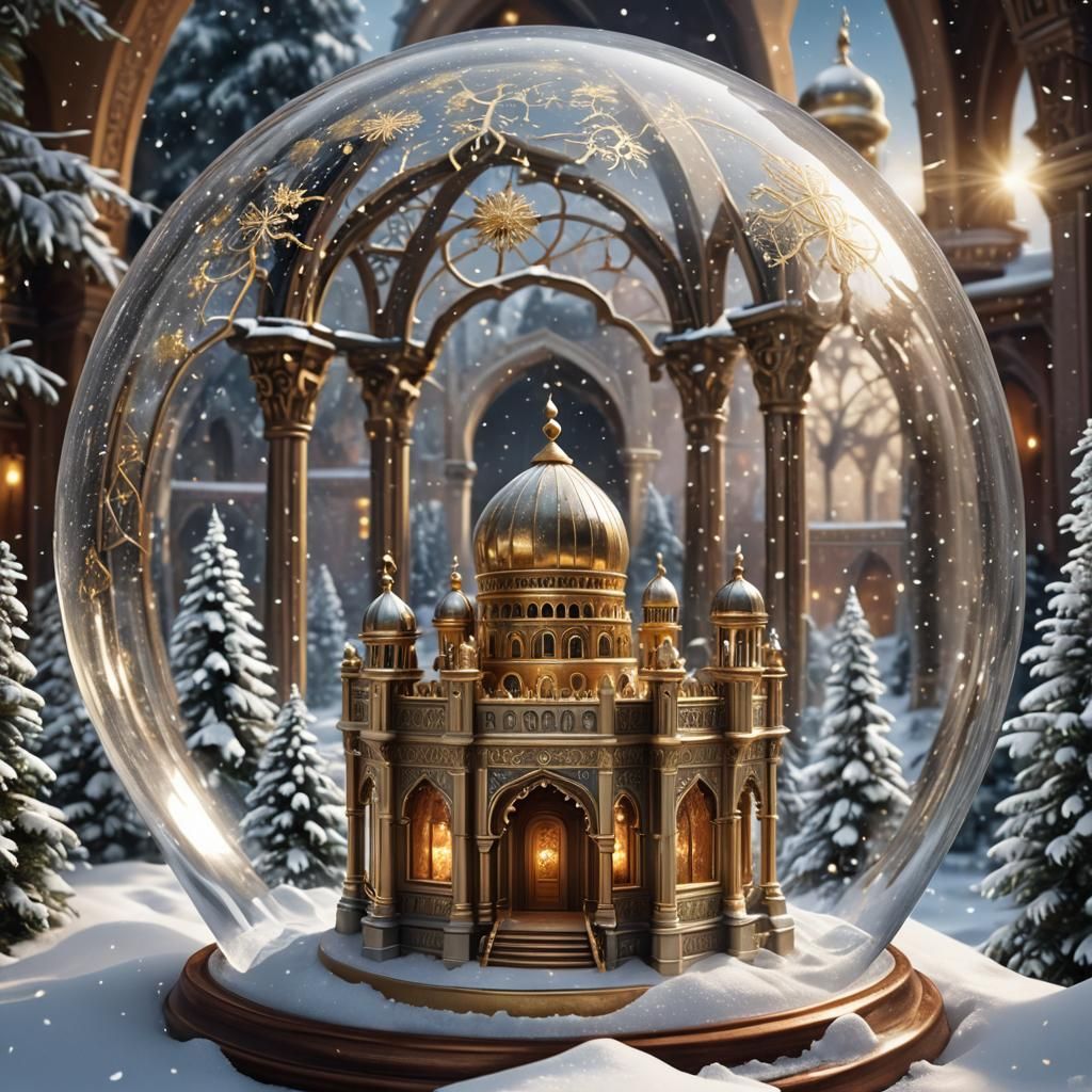 A snow globe with an Arabian palace inside a snow globe, golden snowflakes, magical, beautiful, photorealism, ...  by @Pjrockey