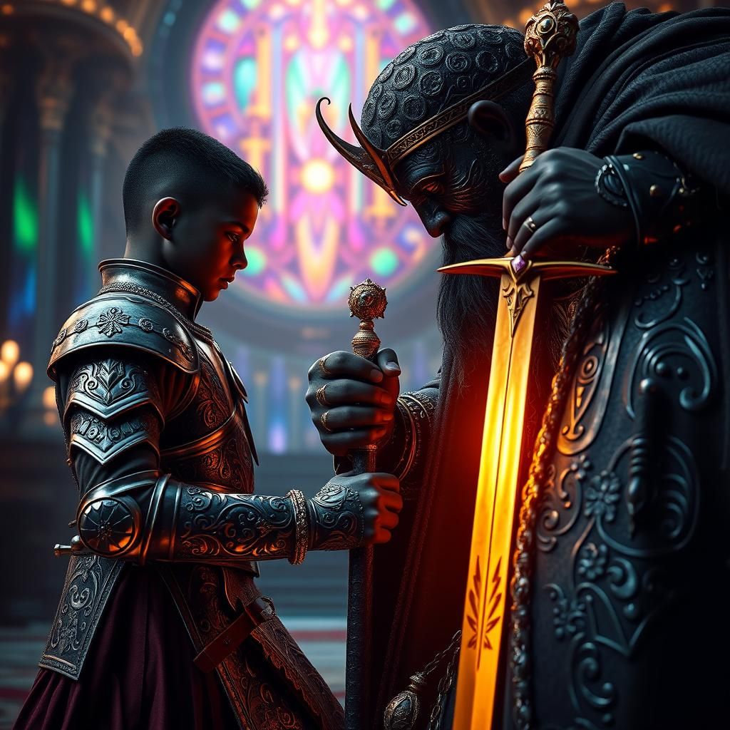 A black son with armor kneels in front of his black father h...