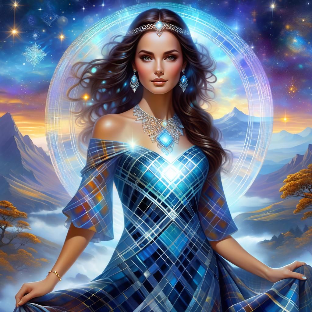 Magical Portrait of a Beautiful Woman in a Plaid Dress