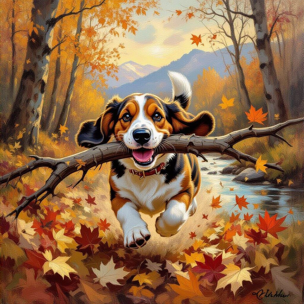 close up of a fluffy  Basset Hound with a large tree branch in his mouth, running happily through a pile ...  by @Spearmint