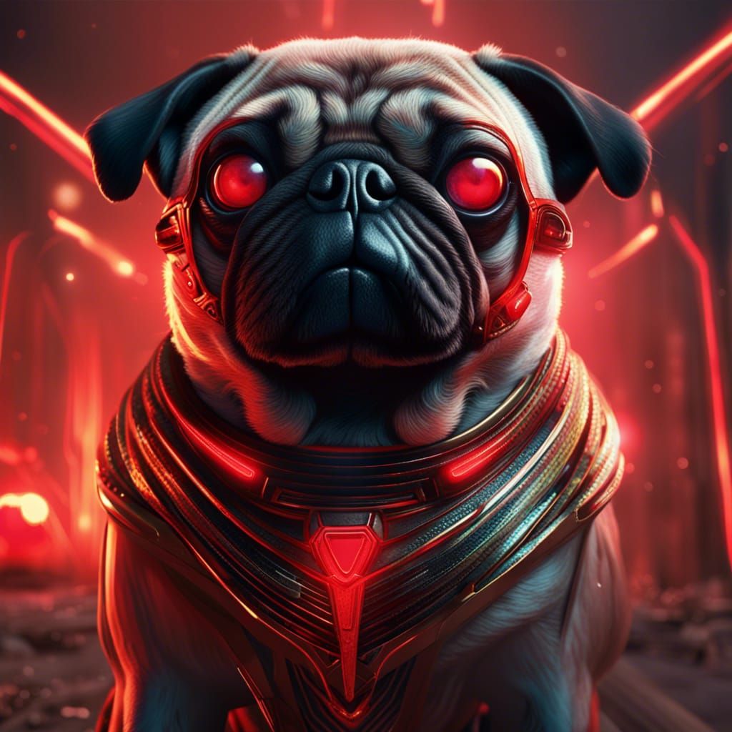 futuristic pug like egyptian with bright red laser rays in t...