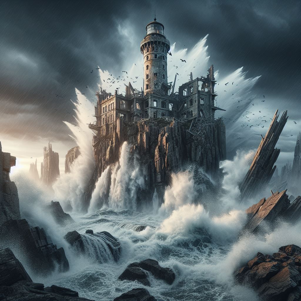 Lighthouse tower ruins on stormy rocks