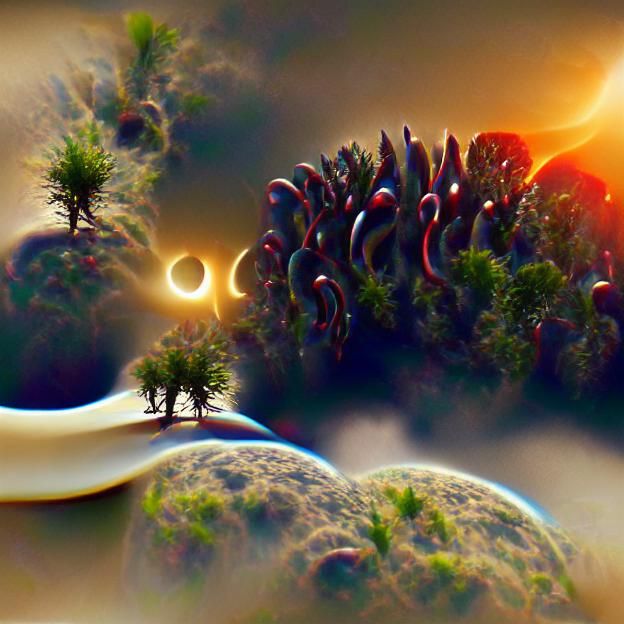 Solar eclipse on an alien planet tall alien trees fauna and ...